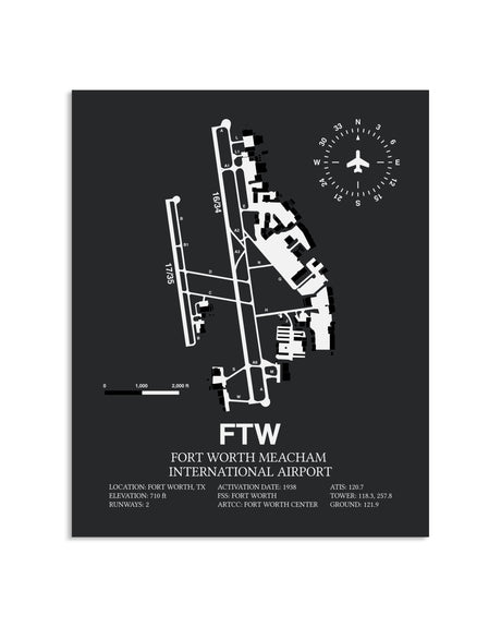 Gray Framed Fort Worth Meacham International Airport layout wall art poster
