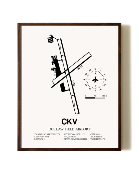 Outlaw Field Airport aviation print in walnut frame