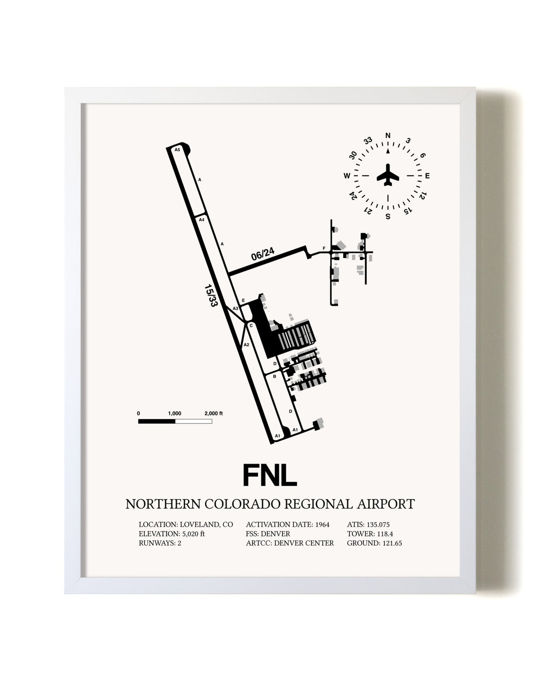 Northern Colorado Regional Airport airport map poster in oak frame