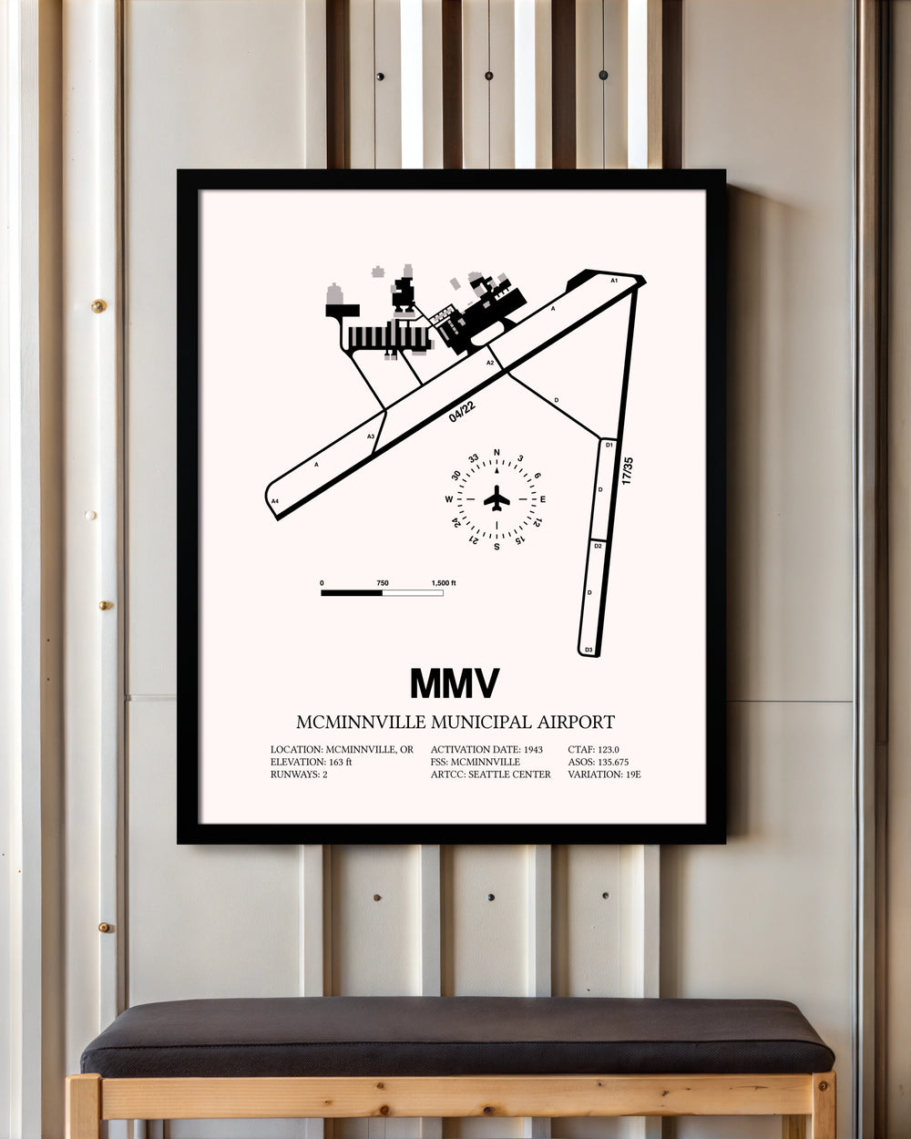 McMinnville Municipal Airport framed poster displayed in an airplane hangar
