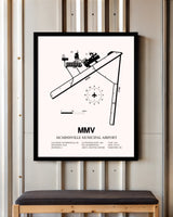 McMinnville Municipal Airport framed poster displayed in an airplane hangar