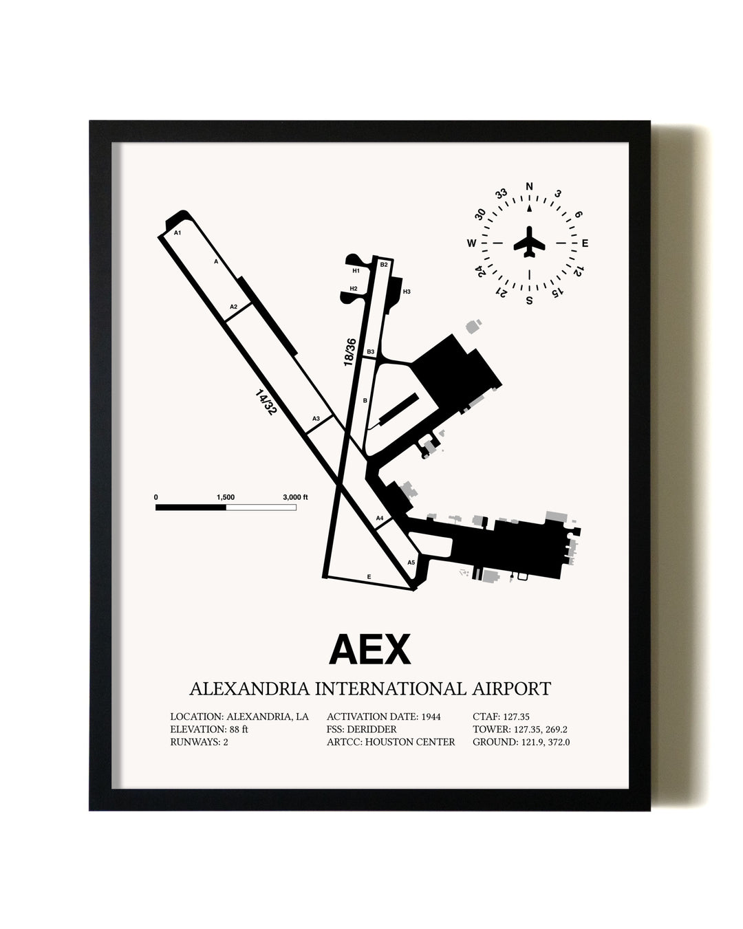 Framed Alexandria International Airport wall art poster in black frame