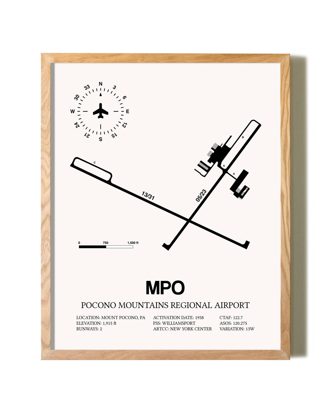Pocono Mountains Regional Airport framed print in natural wood frame