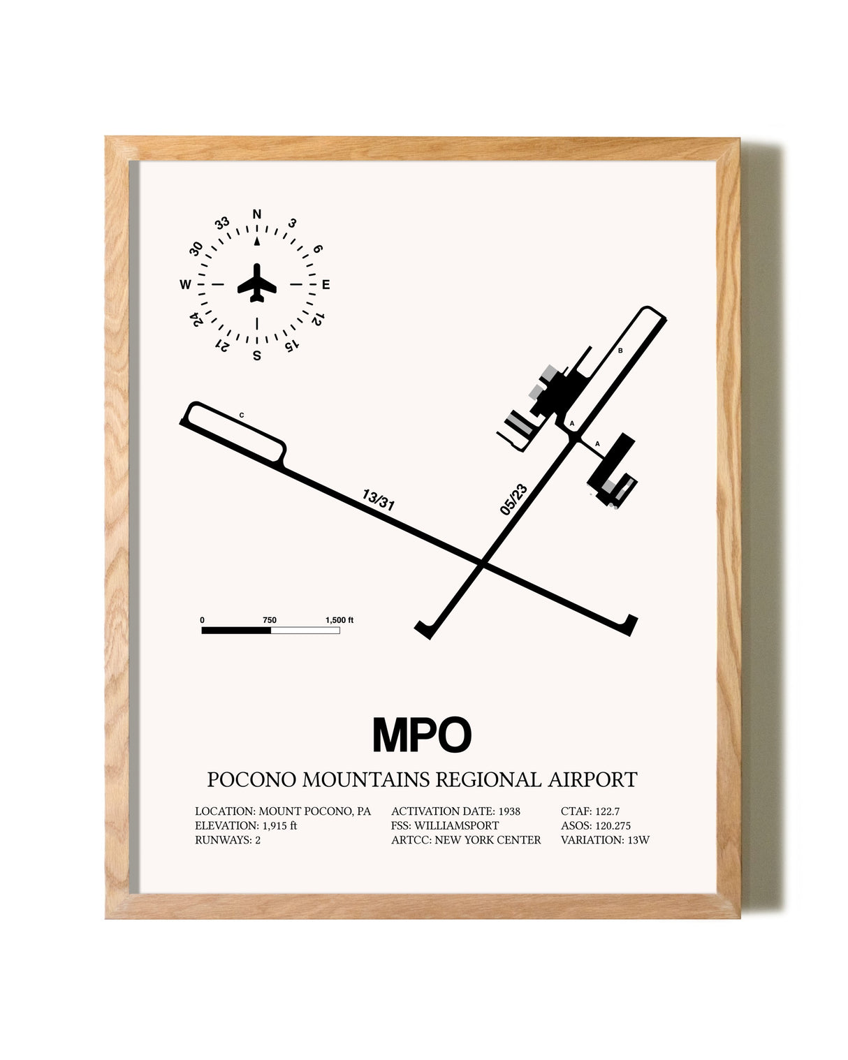 Pocono Mountains Regional Airport framed print in natural wood frame