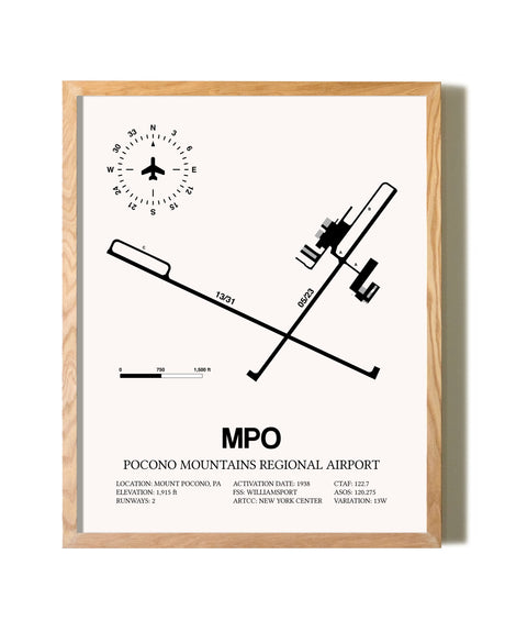 Pocono Mountains Regional Airport framed print in natural wood frame