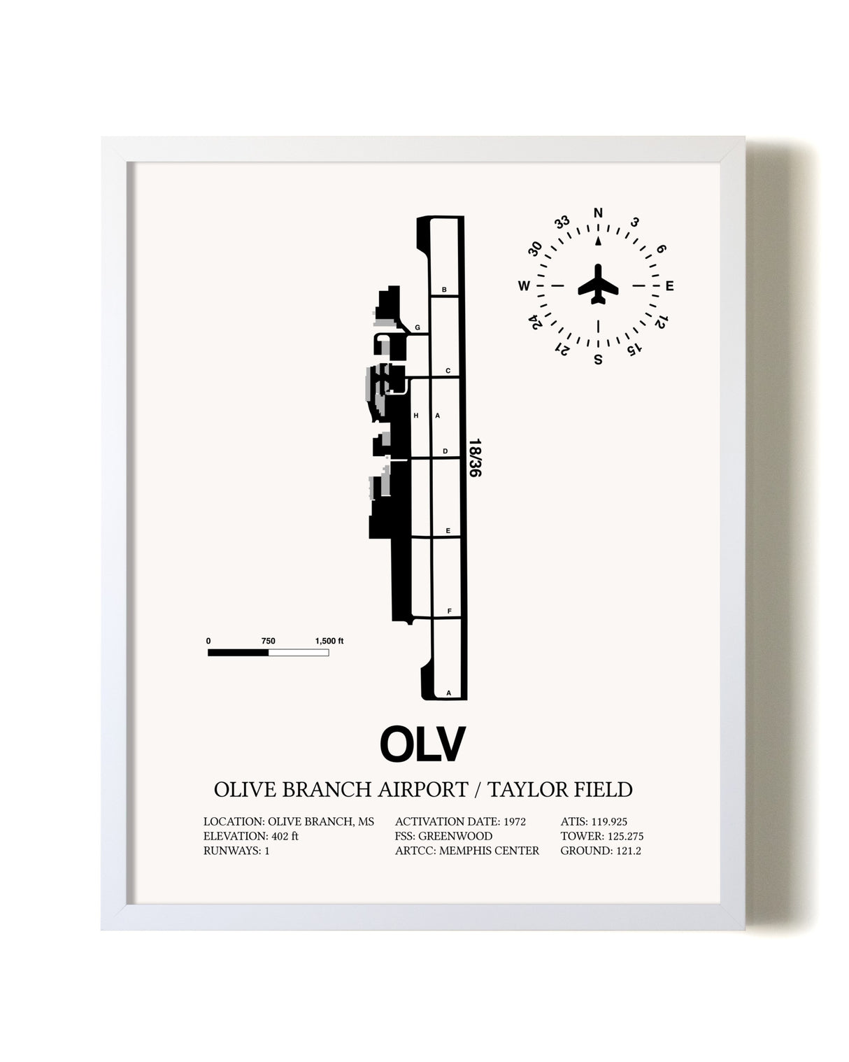 Olive Branch Airport / Taylor Field airport map poster in oak frame