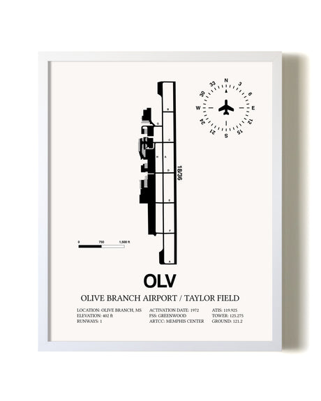 Olive Branch Airport / Taylor Field airport map poster in oak frame