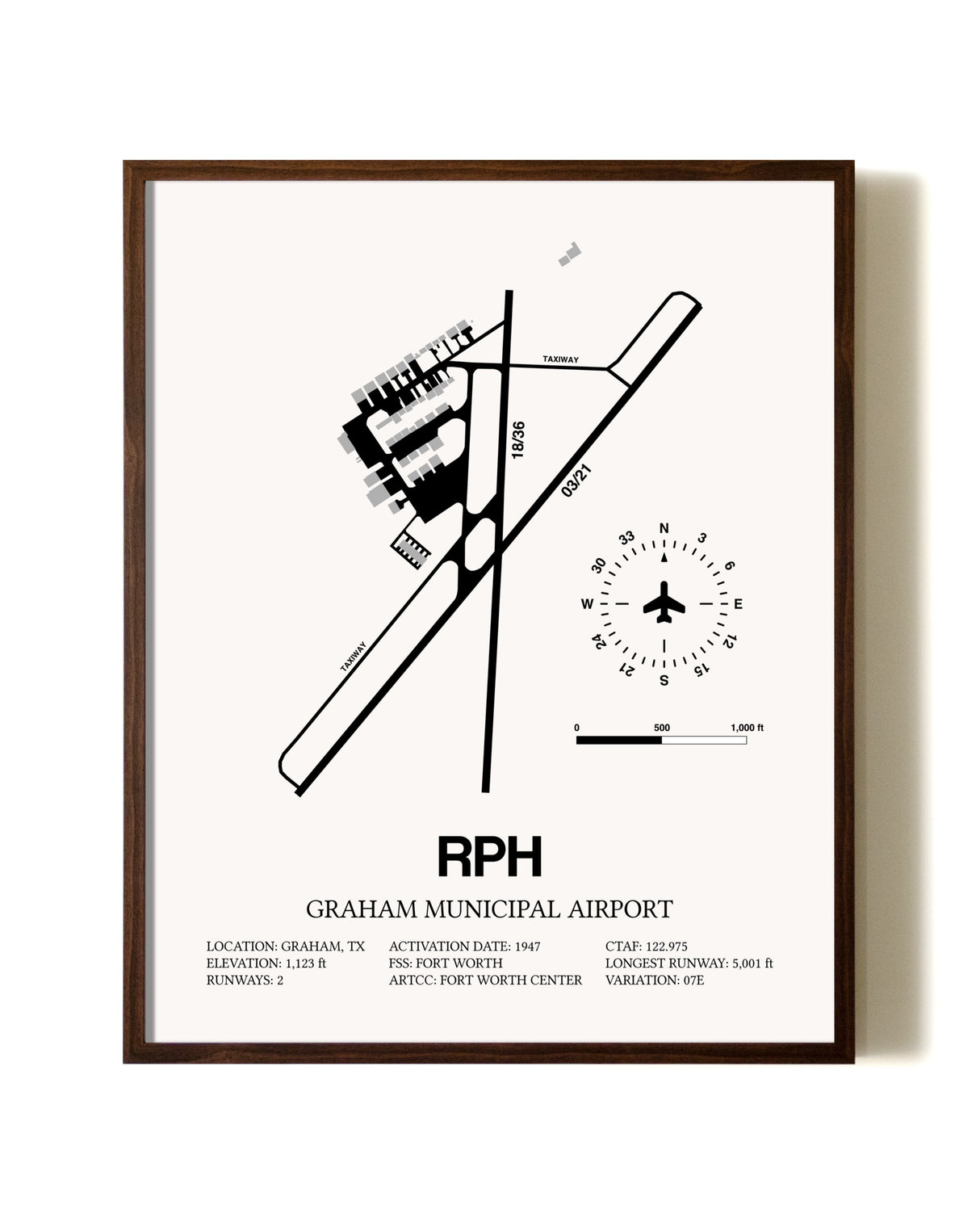 Graham Municipal Airport aviation print in walnut frame