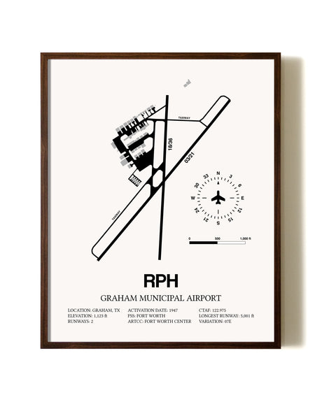 Graham Municipal Airport aviation print in walnut frame