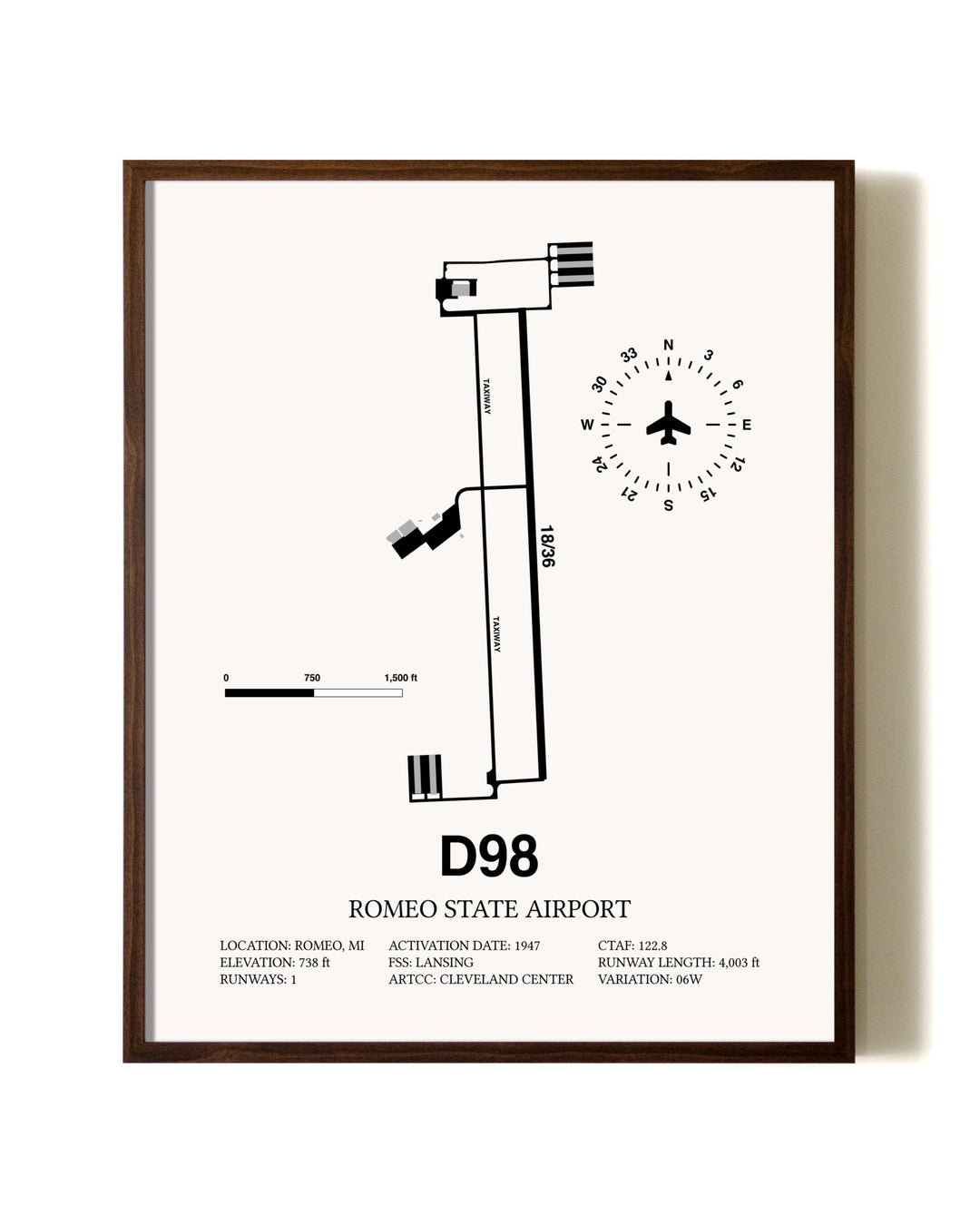 Romeo State Airport aviation print in walnut frame