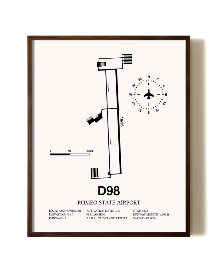Romeo State Airport aviation print in walnut frame