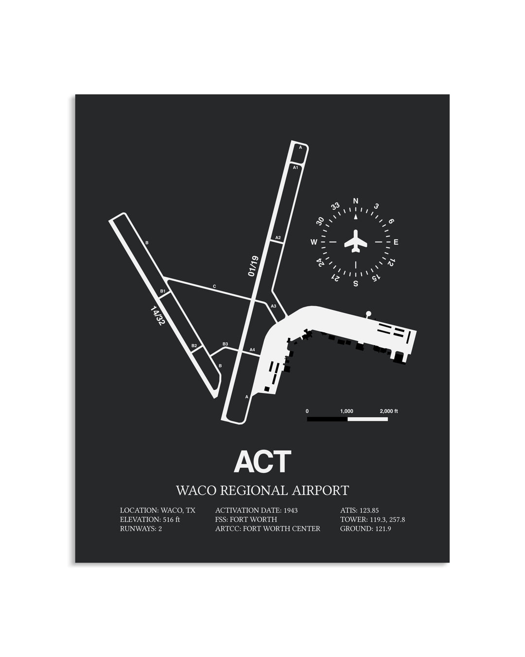 Gray Framed Waco Regional Airport layout wall art poster