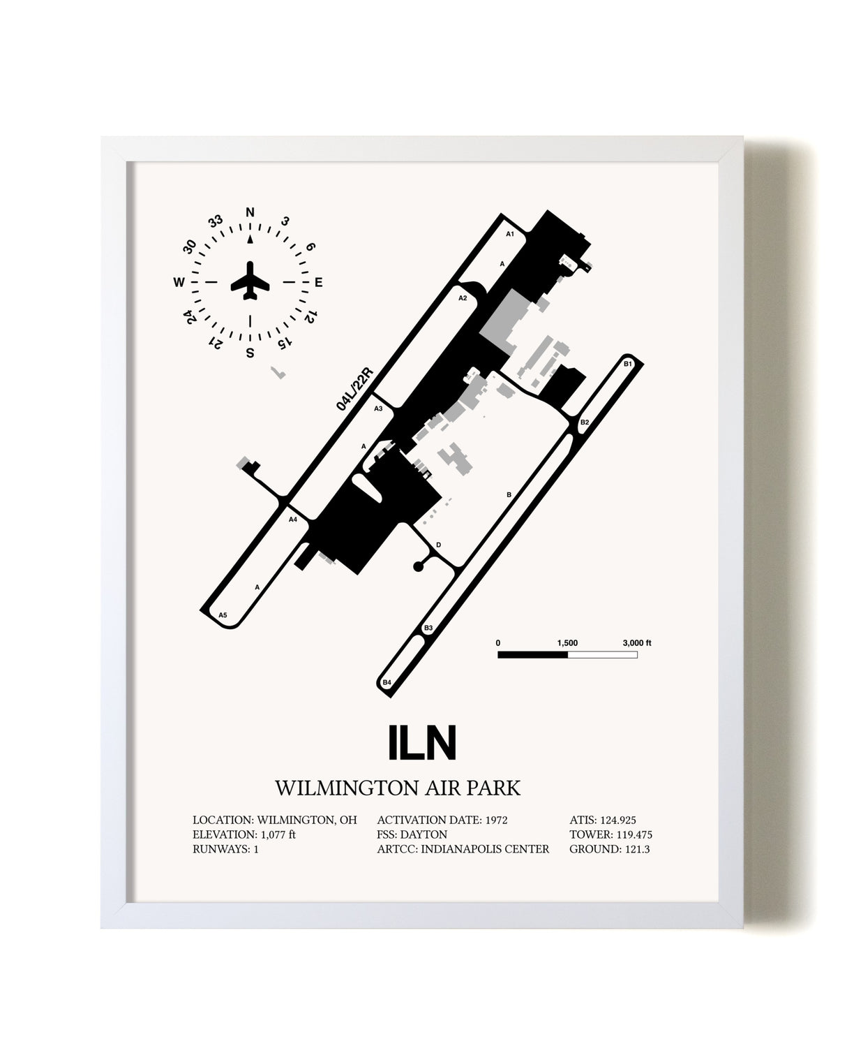 Wilmington Air Park airport map poster in oak frame