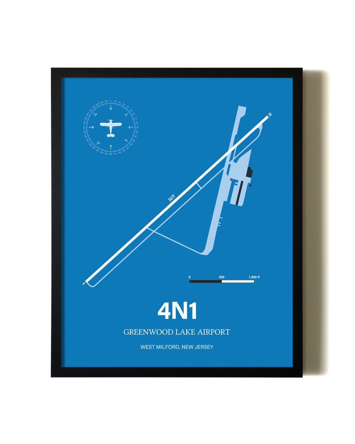 Sky Blue Greenwood Lake Airport aviation wall décor in black wood frame