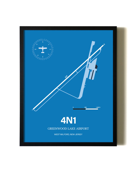 Sky Blue Greenwood Lake Airport aviation wall décor in black wood frame