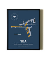 Blue and Yellow Framed Santa Barbara Municipal Airport wall art poster in black frame