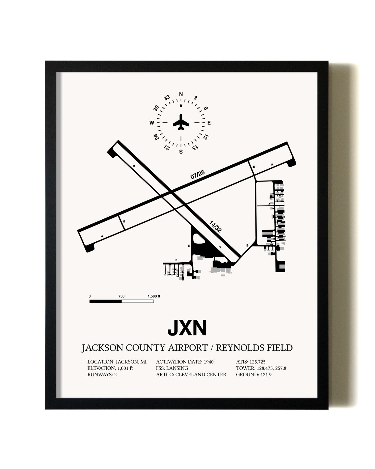 Framed Jackson County Airport / Reynolds Field wall art poster in black frame