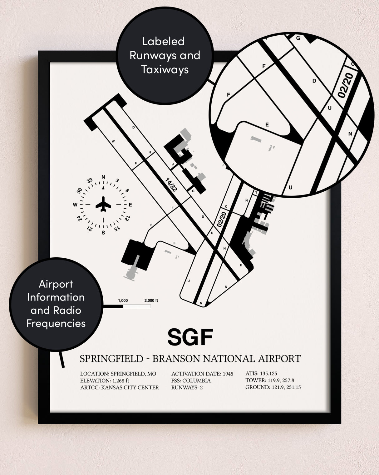 Framed Springfield-Branson National Airport layout wall art poster