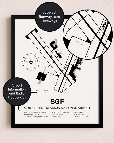 Framed Springfield-Branson National Airport layout wall art poster