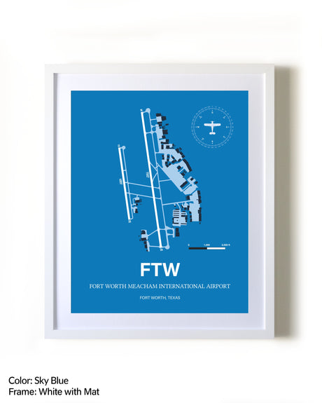 Fort Worth Meacham International Airport framed wall art in white frame with mat
