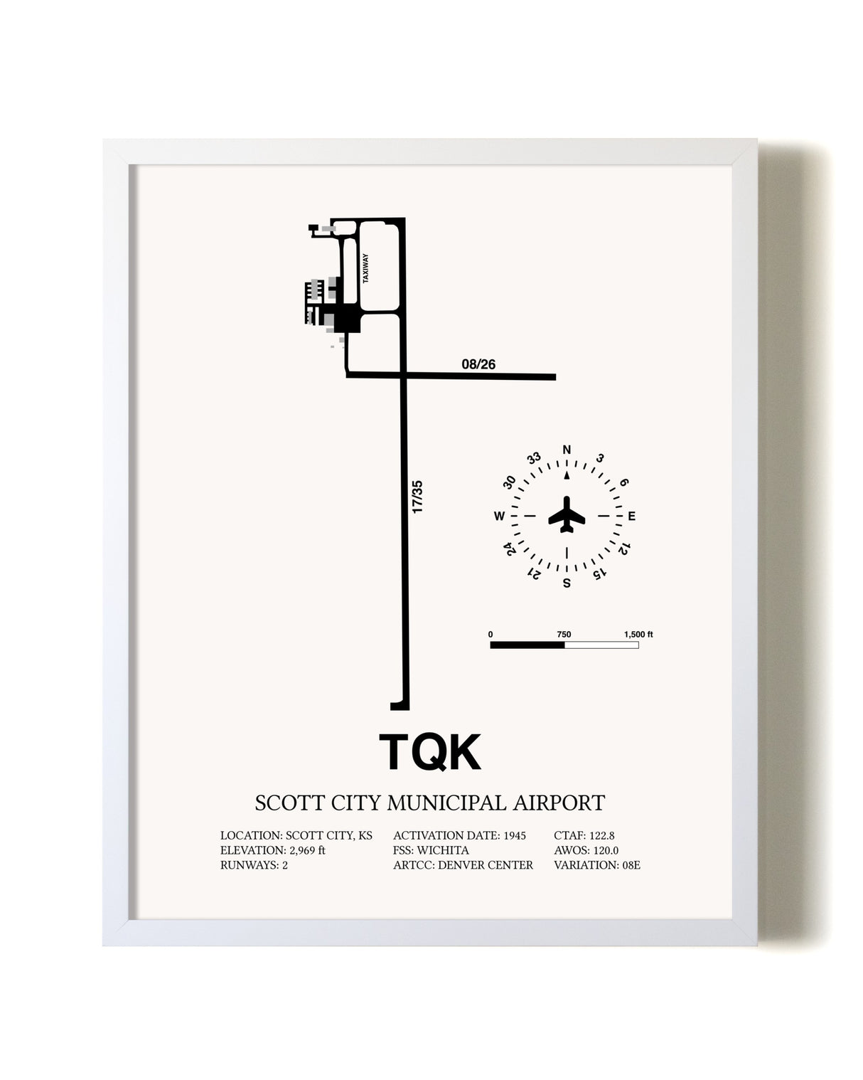 Scott City Municipal Airport airport map poster in oak frame