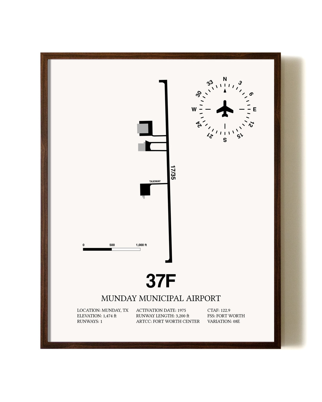 Munday Municipal Airport aviation print in walnut frame