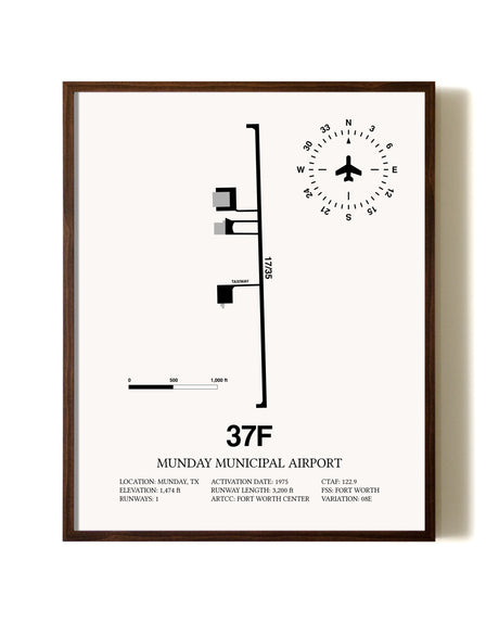 Munday Municipal Airport aviation print in walnut frame