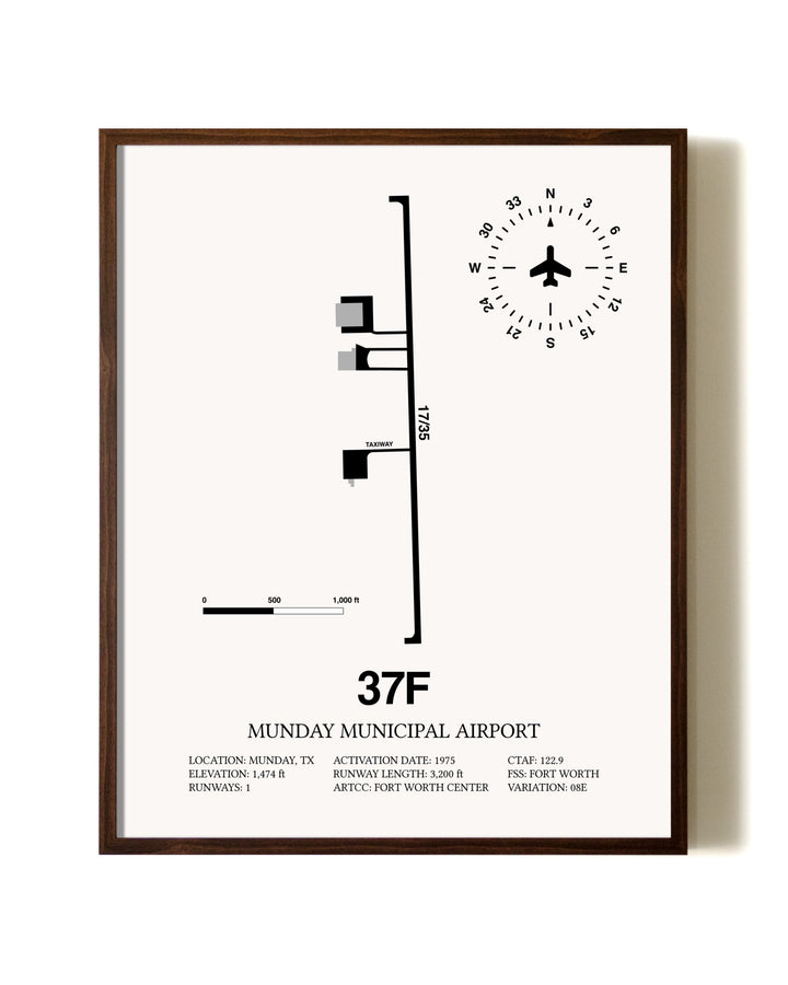 Munday Municipal Airport aviation print in walnut frame