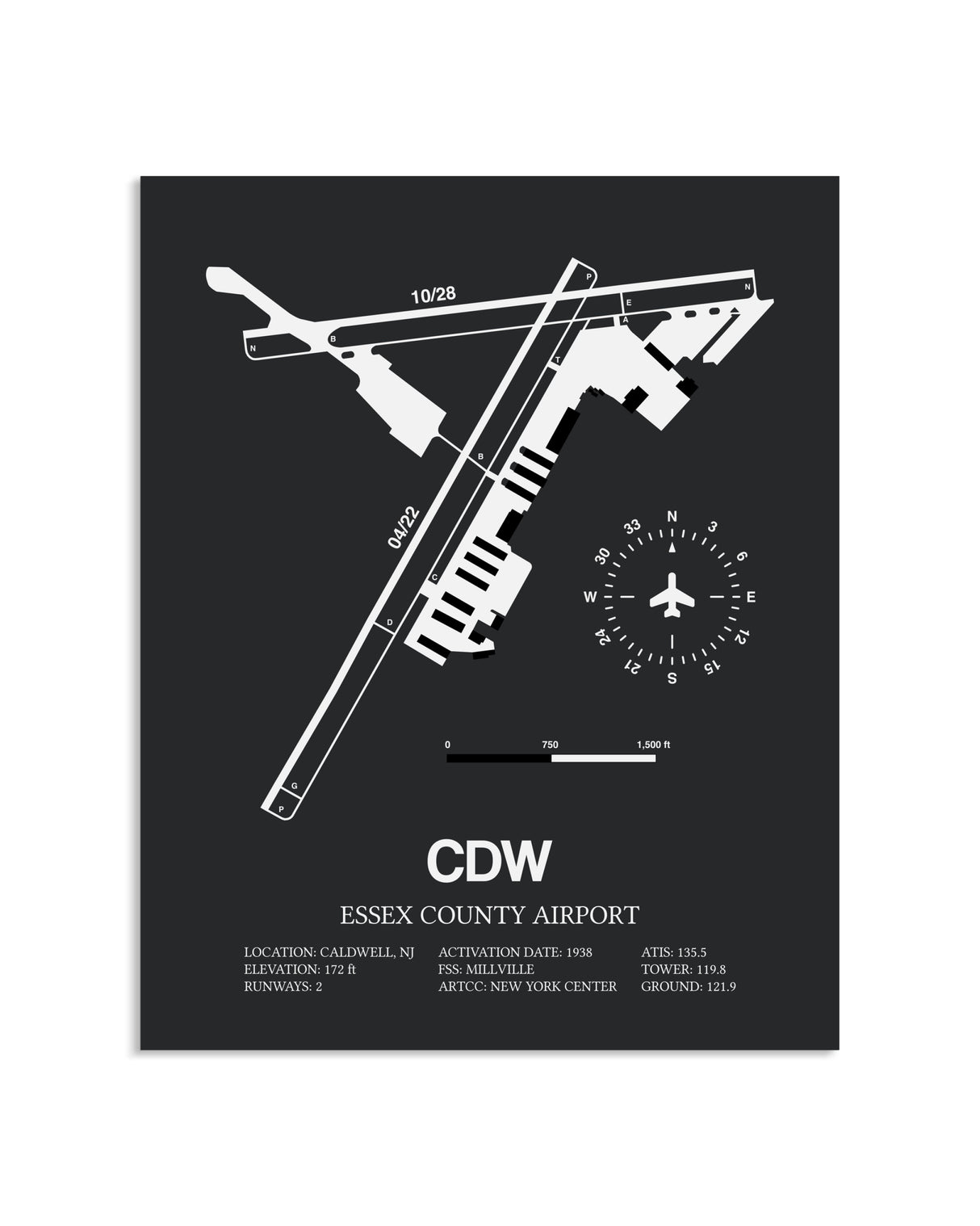 Gray Framed Essex County Airport layout wall art poster