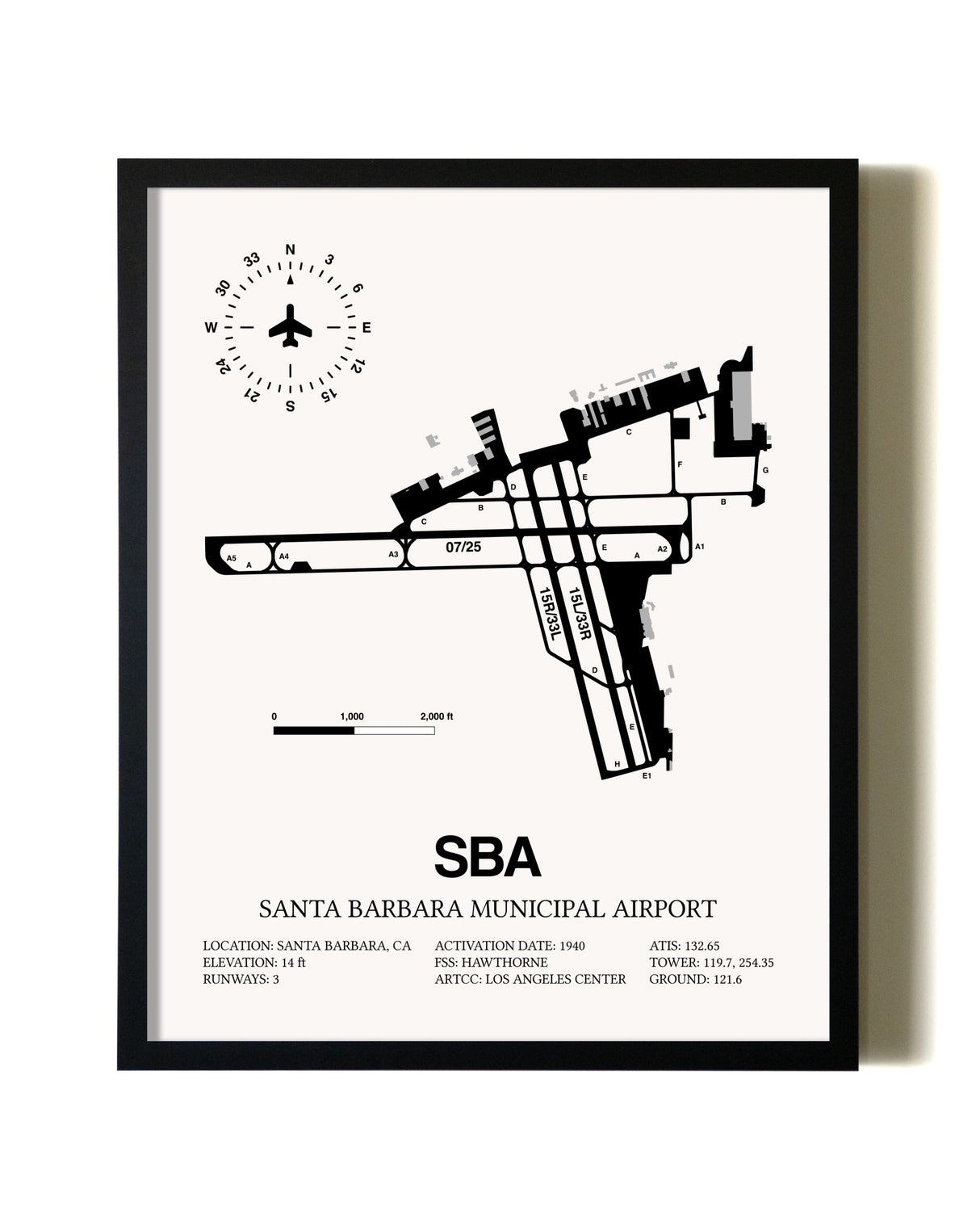 Framed Santa Barbara Municipal Airport wall art poster in black frame