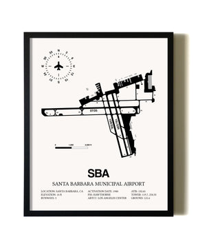 Framed Santa Barbara Municipal Airport wall art poster in black frame