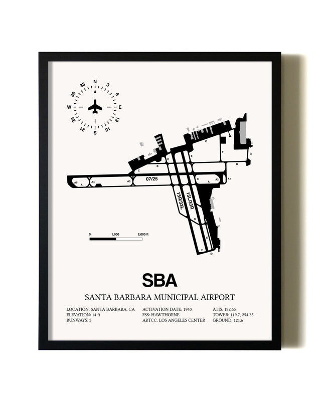 Framed Santa Barbara Municipal Airport wall art poster in black frame