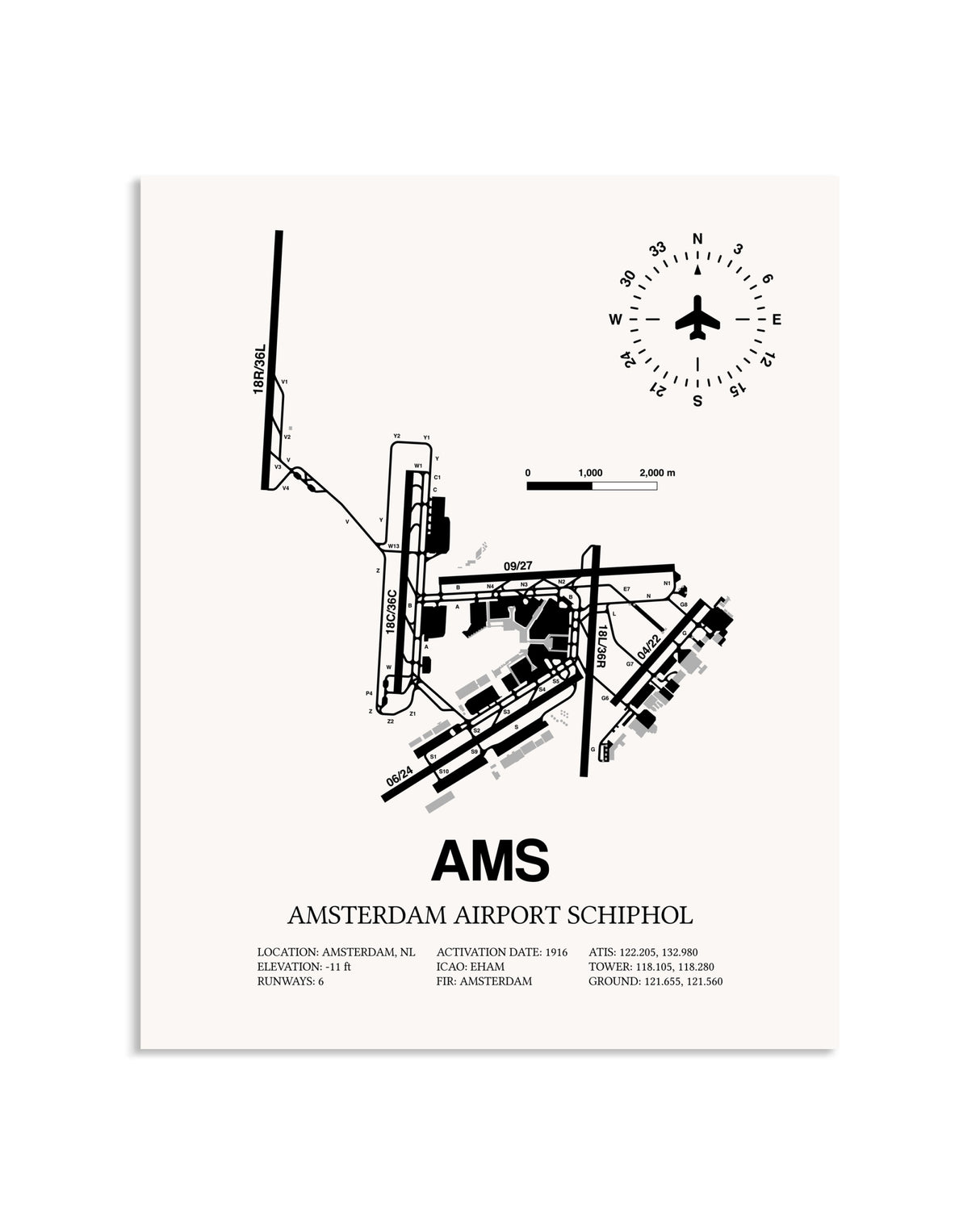 Gray Amsterdam Airport Schiphol framed poster displayed in an airplane hangar