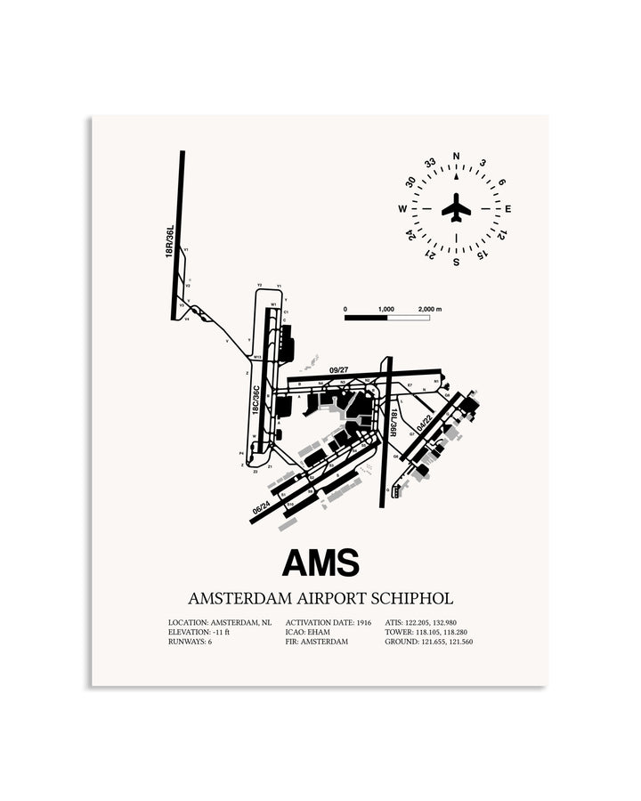 Gray Amsterdam Airport Schiphol framed poster displayed in an airplane hangar