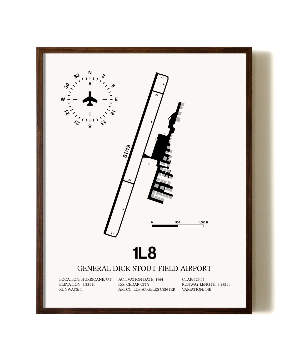 General Dick Stout Field Airport aviation print in walnut frame