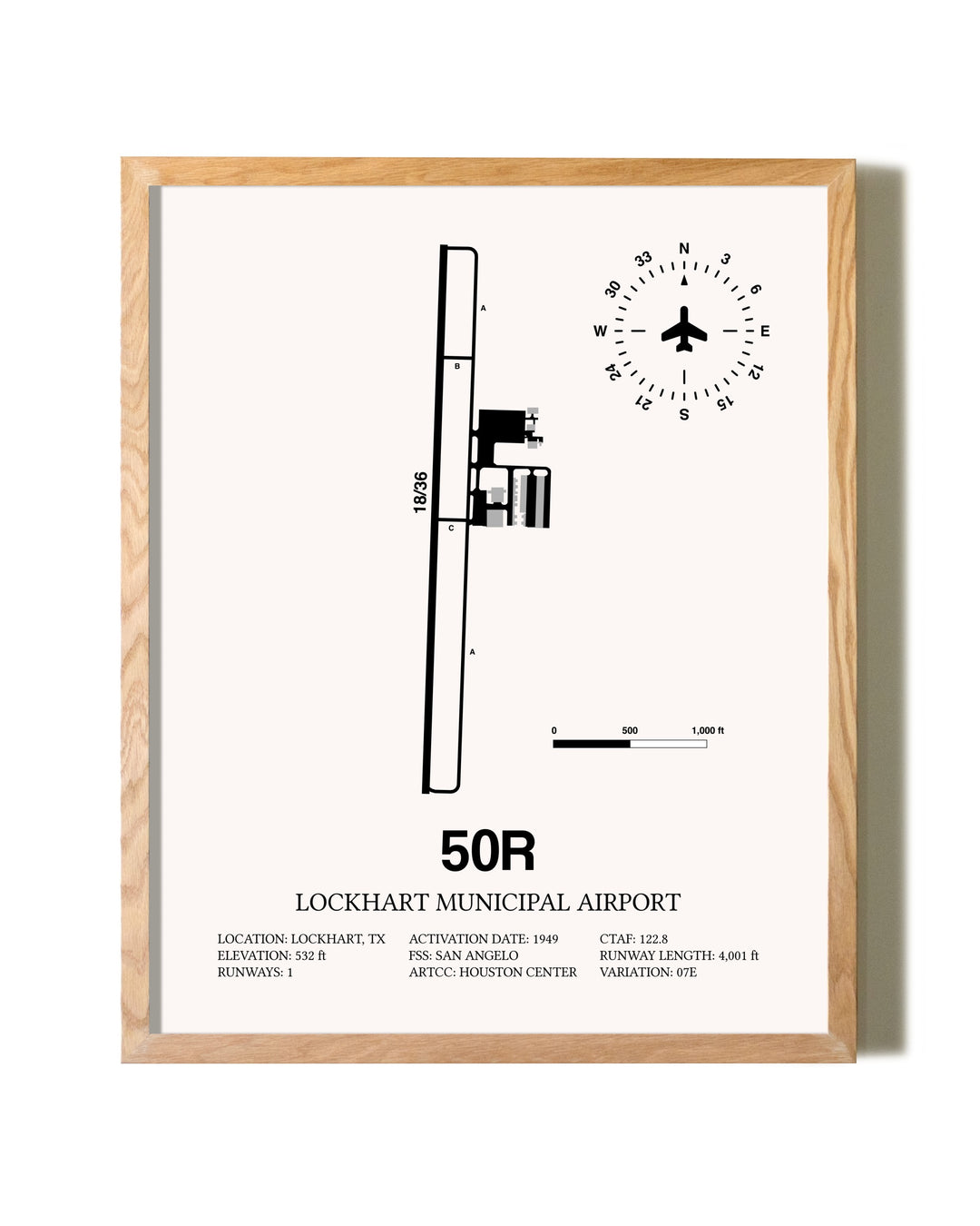 Lockhart Municipal Airport framed print in natural wood frame