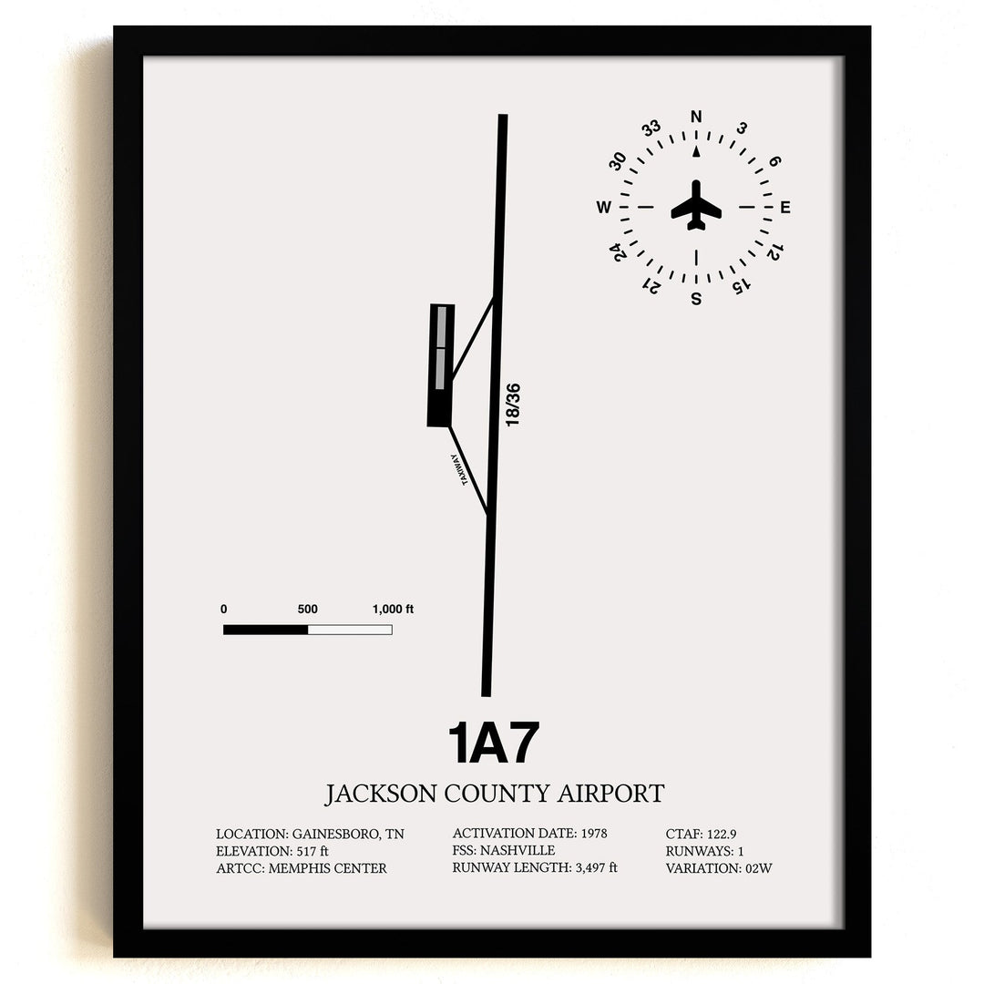 Framed Detailed Airport Map of Jackson County Airport (1A7) in White with a Black Frame