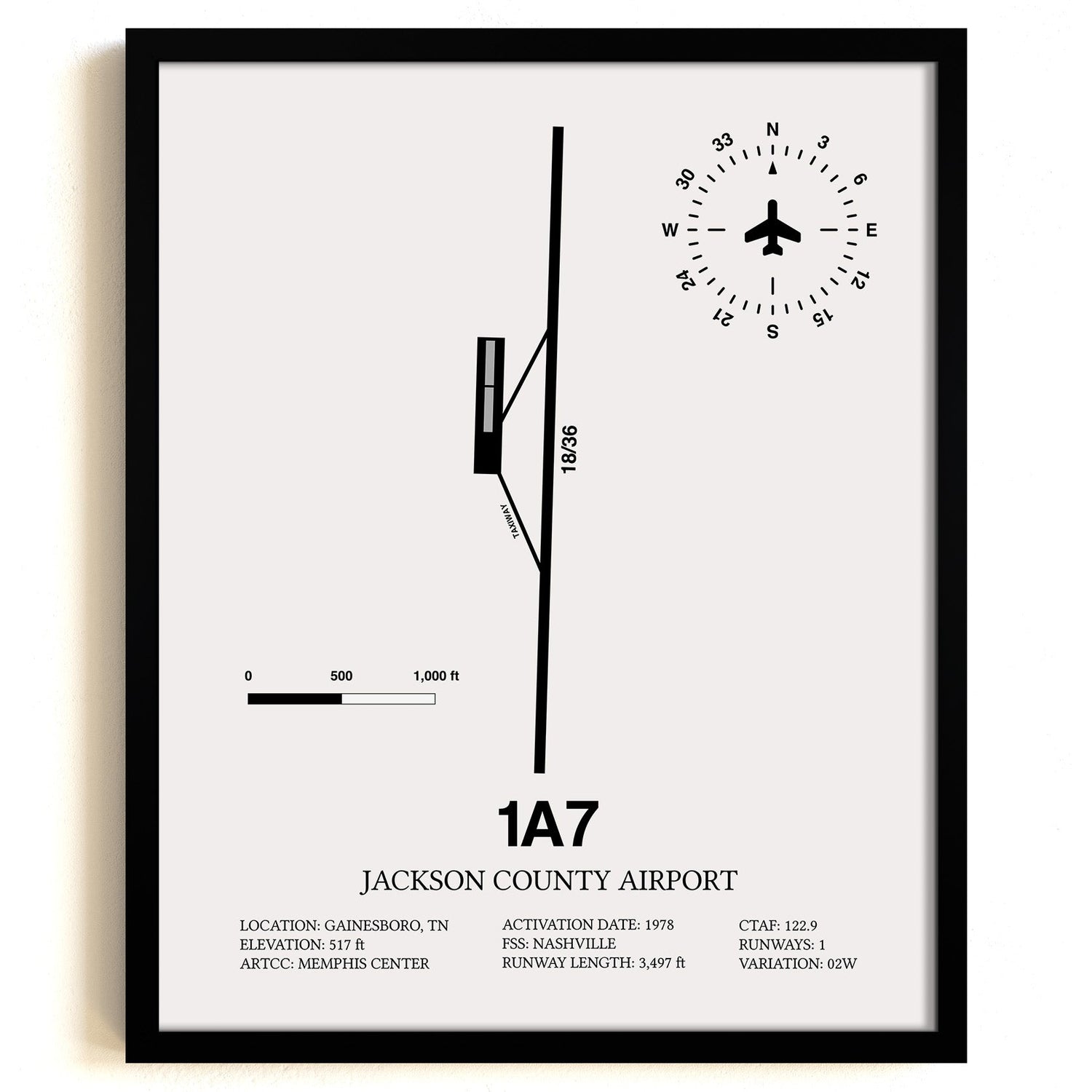 Framed Detailed Airport Map of Jackson County Airport (1A7) in White with a Black Frame