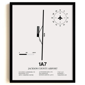 Framed Detailed Airport Map of Jackson County Airport (1A7) in White with a Black Frame