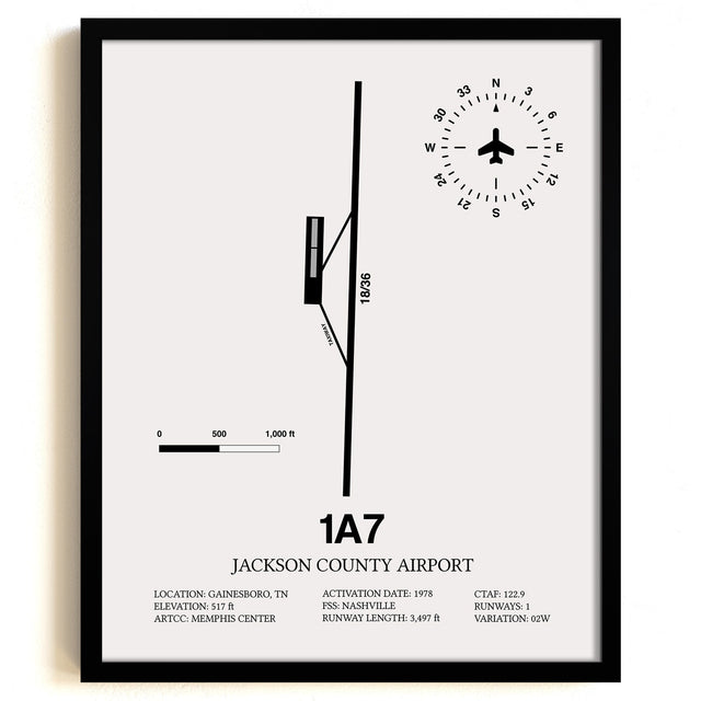 Framed Detailed Airport Map of Jackson County Airport (1A7) in White with a Black Frame
