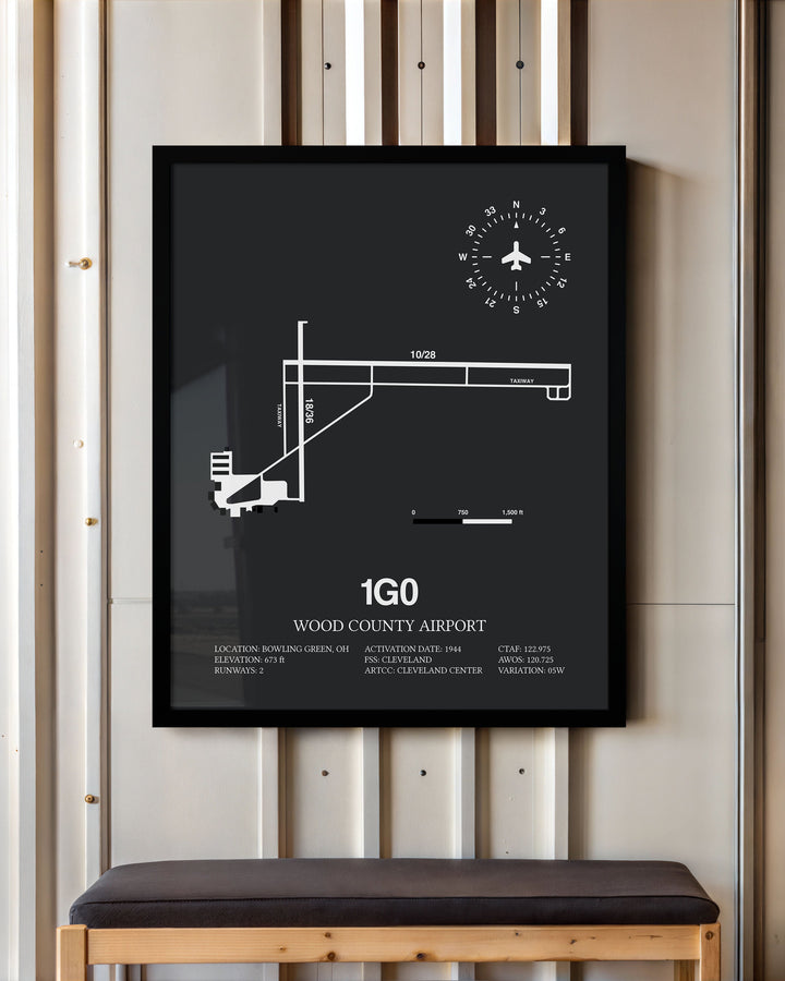 Framed Detailed Airport Map of Wood County Airport (1G0) in Gray with a Black Frame