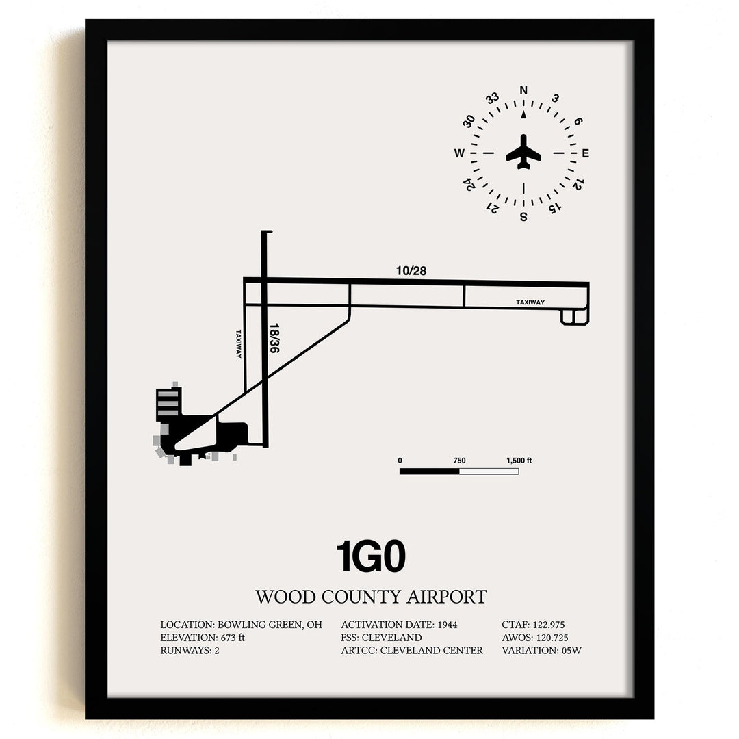 Framed Detailed Airport Map of Wood County Airport (1G0) in White with a Black Frame