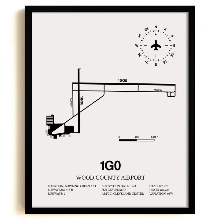Framed Detailed Airport Map of Wood County Airport (1G0) in White with a Black Frame