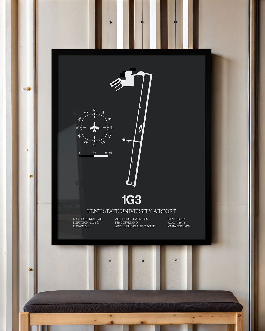 Framed Detailed Airport Map of Kent State University Airport (1G3) in Gray with a Black Frame