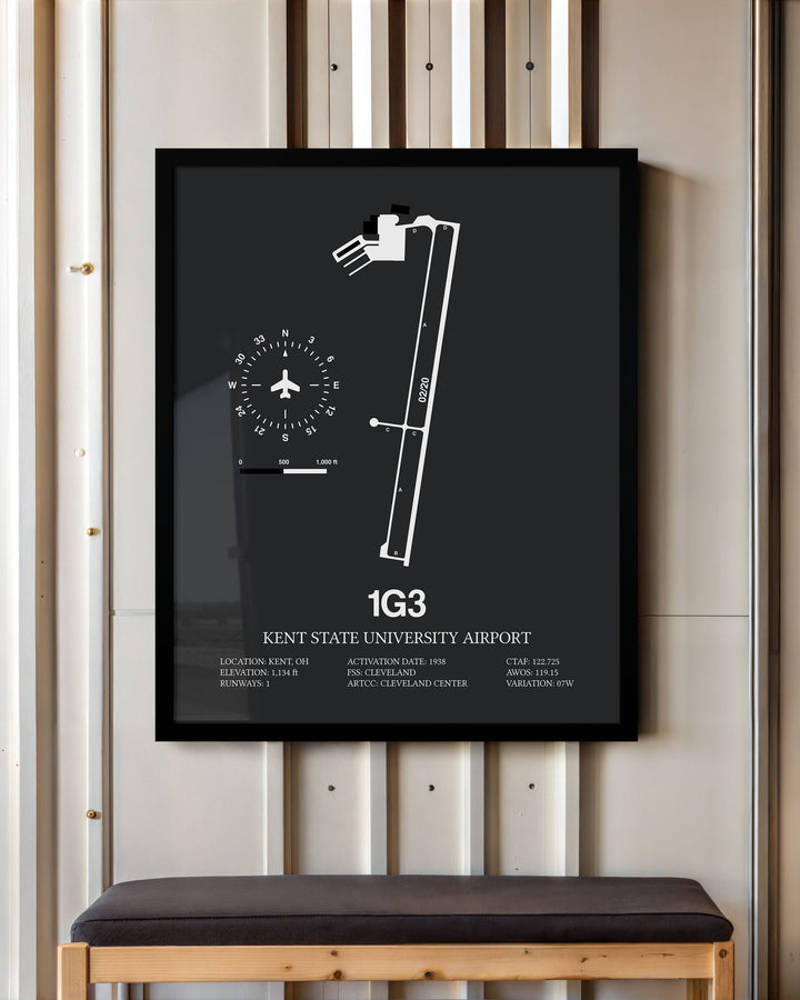 Framed Detailed Airport Map of Kent State University Airport (1G3) in Gray with a Black Frame