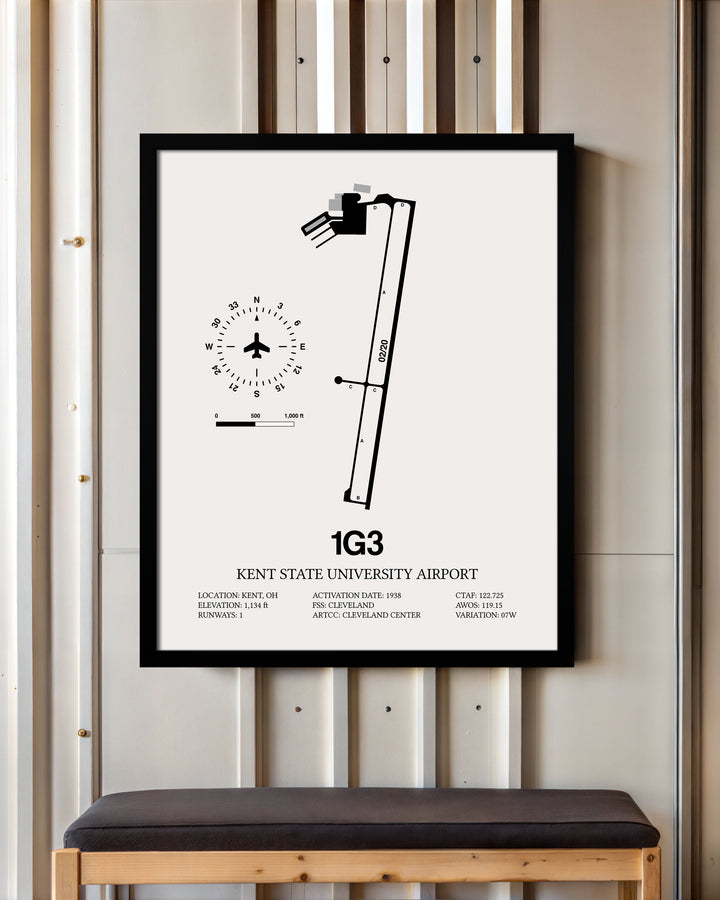 Framed Detailed Airport Map of Kent State University Airport (1G3) in White with a Black Frame
