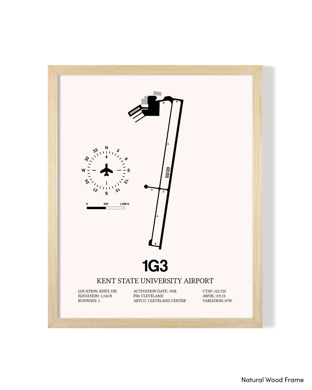 Detailed Airport Map of Kent State University Airport (1G3) in White with a Natural Frame