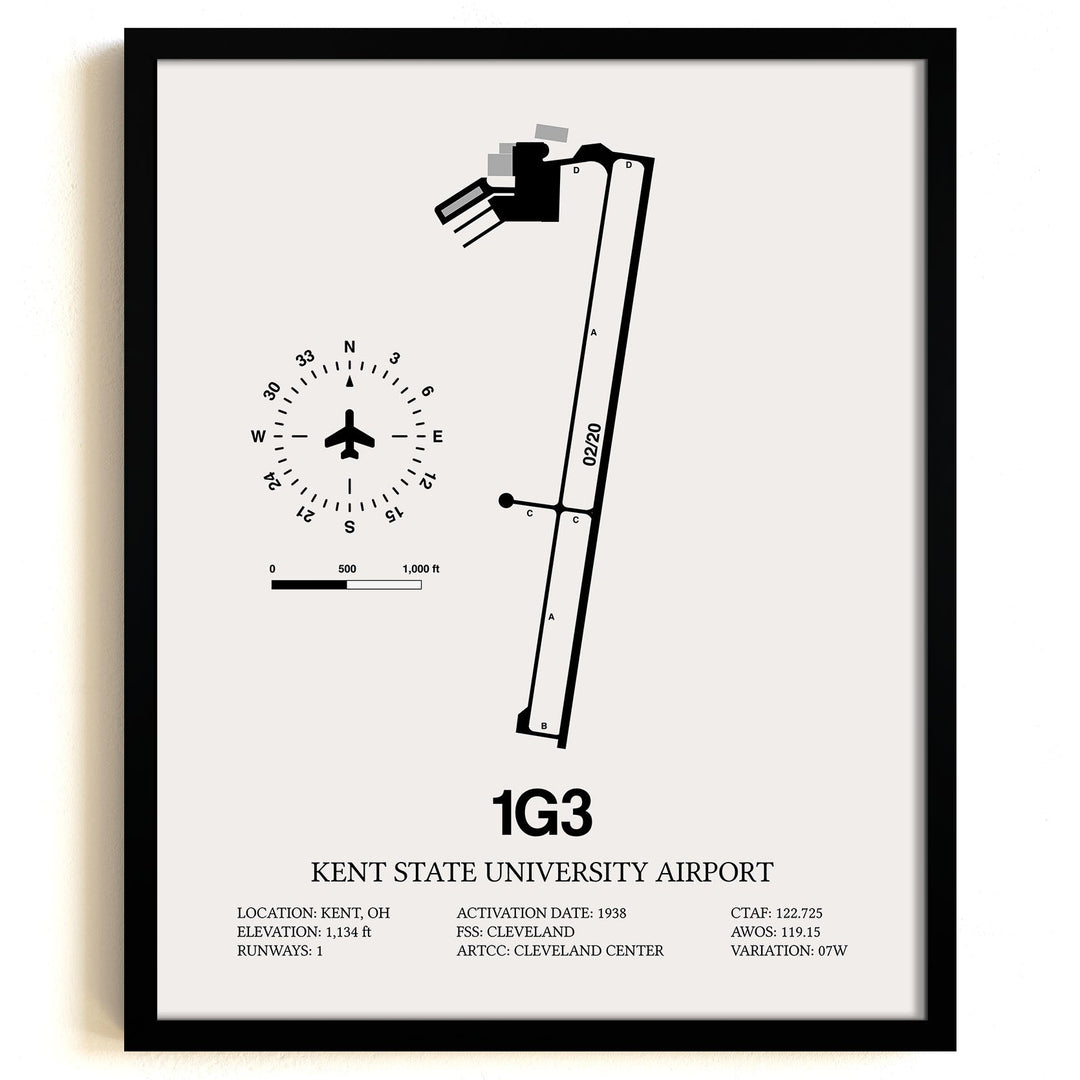 Framed Detailed Airport Map of Kent State University Airport (1G3) in White with a Black Frame