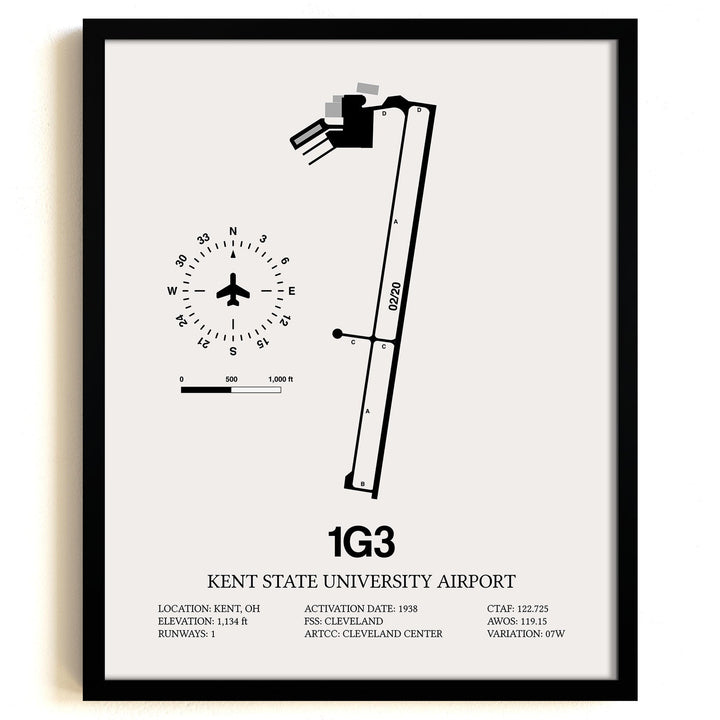 Framed Detailed Airport Map of Kent State University Airport (1G3) in White with a Black Frame