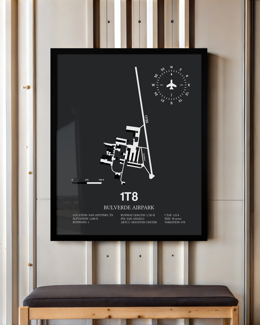 Framed Detailed Airport Map of Bulverde Airpark (1T8) in Gray with a Black Frame